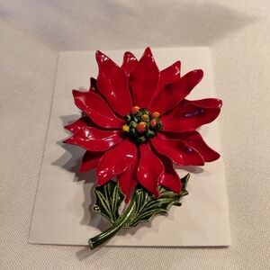 Vintage Red Enamel Poinsettia Brooch Christmas Flower Pin Holiday Lapel 60s 70s